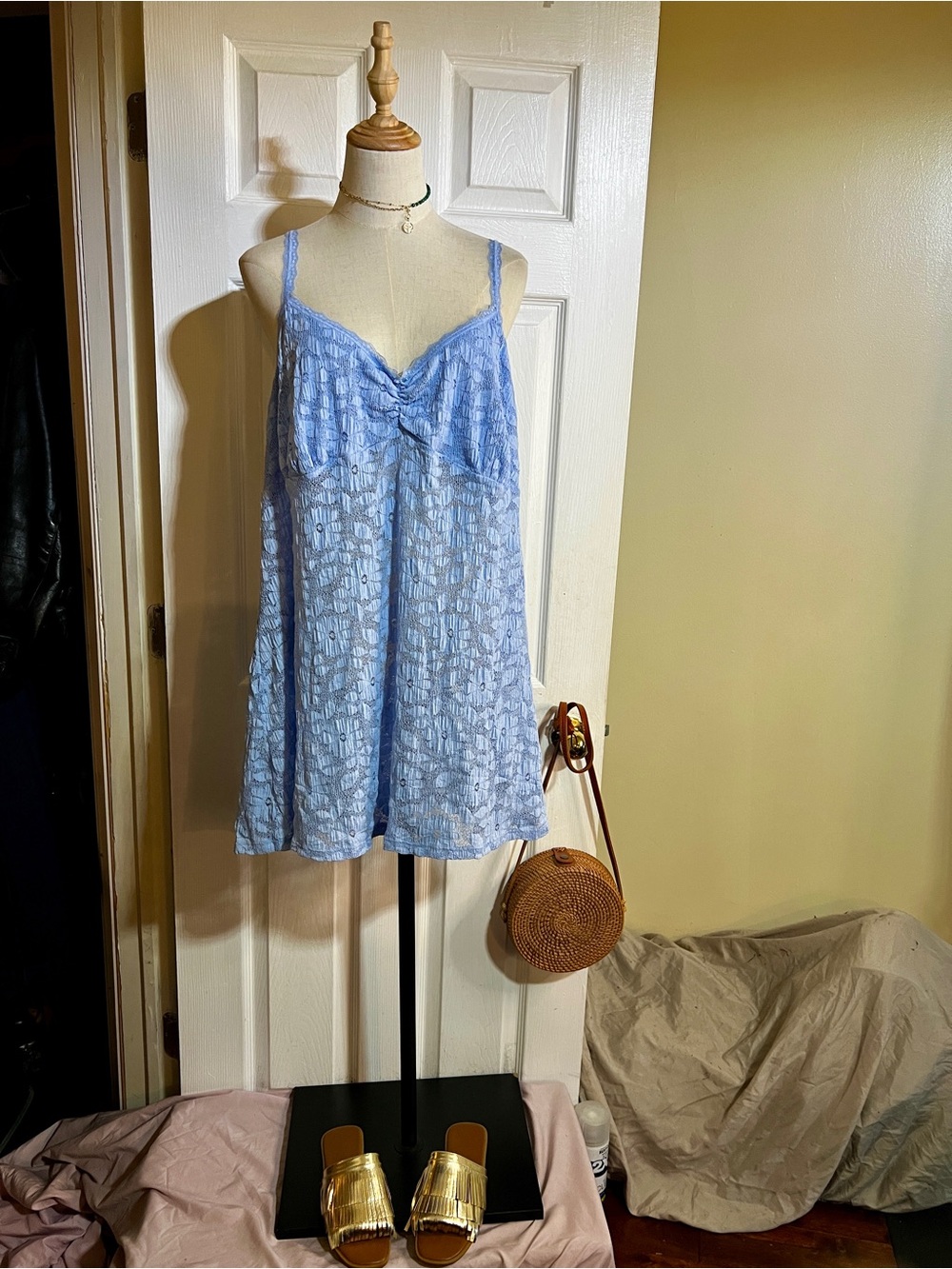 Aerie Off Shore Lace Sheer Blue Mesh Nightie Indie Sleaze Festival Mini Dress XL - Picture 3 of 14